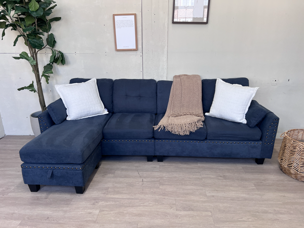FREE DELIVERY! 🚚 - Blue Modern Tufted Studded Sectional Couch with Reversible Storage Chaise