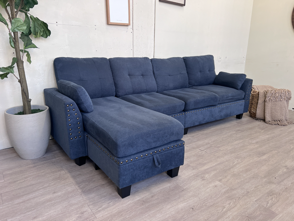 FREE DELIVERY! 🚚 - Blue Modern Tufted Studded Sectional Couch with Reversible Storage Chaise