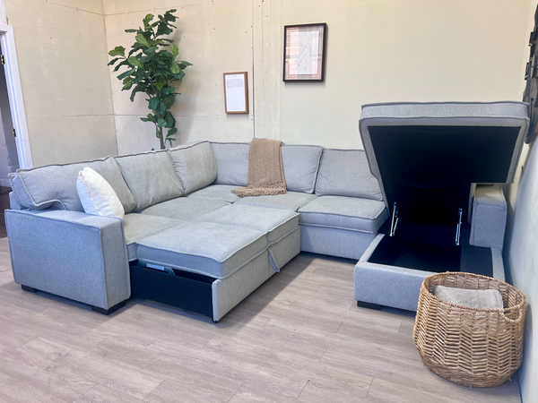 FREE DELIVERY! 🚚 - Bob’s Furniture “Playscape” Modern Light Gray Sleeper U Sectional Couch with Storage Chaise