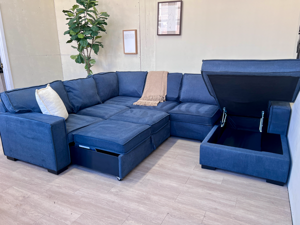 FREE DELIVERY! 🚚 - Bob’s Furniture “Playscape” Blue Modern Sleeper U Sectional Couch with Storage Chaise