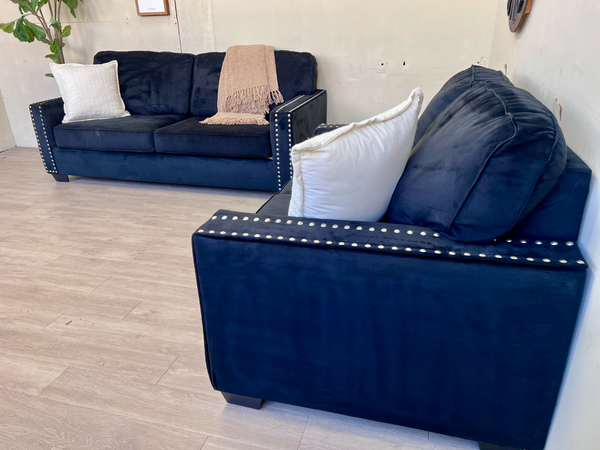 FREE DELIVERY! 🚚 - Blue Microsuede Studded Modern Loveseat Couch Set The Cozy Collection