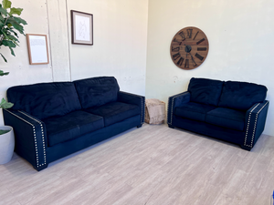 FREE DELIVERY! 🚚 - Blue Microsuede Studded Modern Loveseat Couch Set The Cozy Collection
