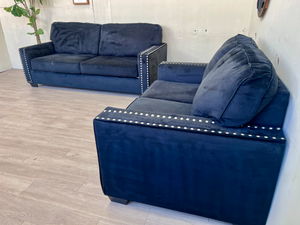 FREE DELIVERY! 🚚 - Blue Microsuede Studded Modern Loveseat Couch Set The Cozy Collection