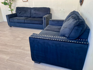 FREE DELIVERY! 🚚 - Blue Microsuede Studded Modern Loveseat Couch Set