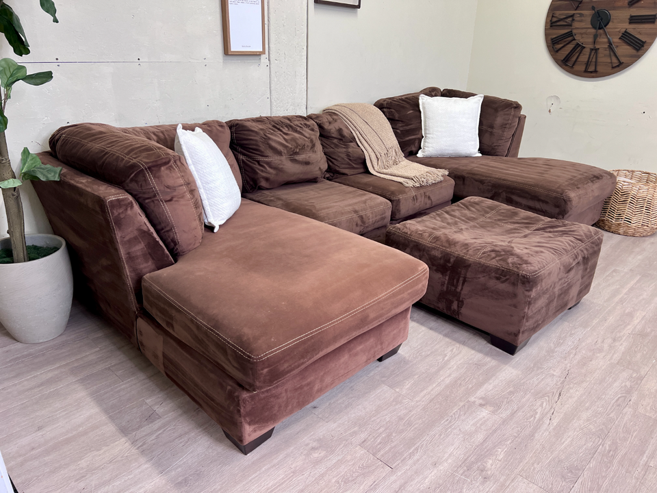 FREE DELIVERY! 🚚 - Brown Microsuede Modern Tufted U Sectional Couch with 2 Chaises & Ottoman Set