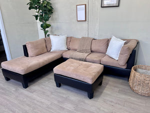 FREE DELIVERY! 🚚 - Beige Microfiber with Leather Tufted Modern Sectional Couch with Chaise & Ottoman Set