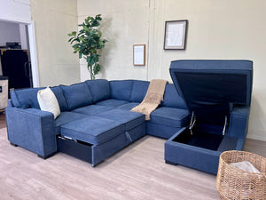 WE DELIVER! 🚚 - Bob’s Furniture “Playscape” Blue Modern Sleeper U Sectional Couch with Storage Chaise