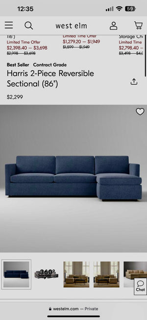 WE DELIVER! 🚚 - West Elm “Harris” Blueish Gray Modern L Sectional Couch with Reversible Chaise