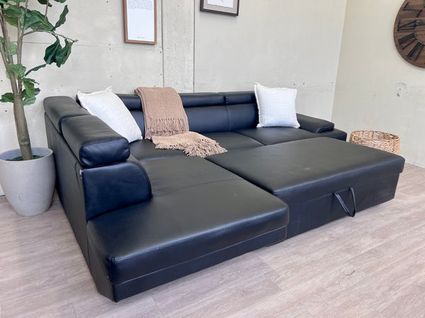 Black Leather Sleeper L Sectional Couch with Chaise