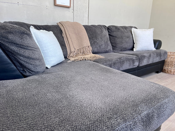 Gray w/ Black Leather Modern L Sectional Couch with Chaise