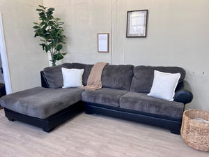 Gray w/ Black Leather Modern L Sectional Couch with Chaise