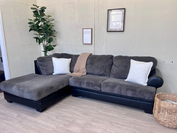 Gray w/ Black Leather Modern L Sectional Couch with Chaise