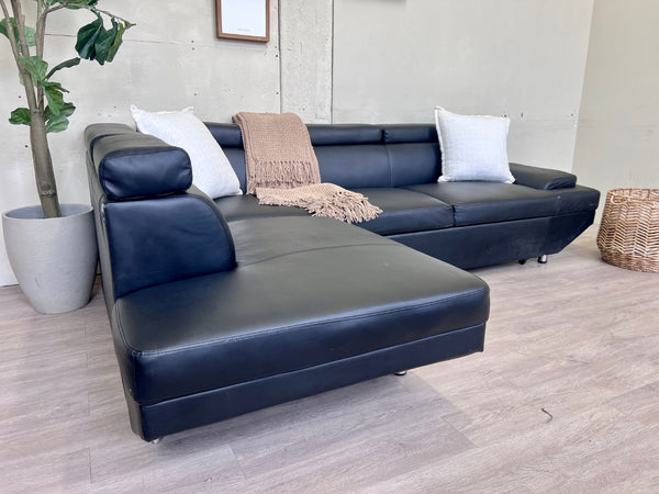 Black Leather Sleeper L Sectional Couch with Chaise
