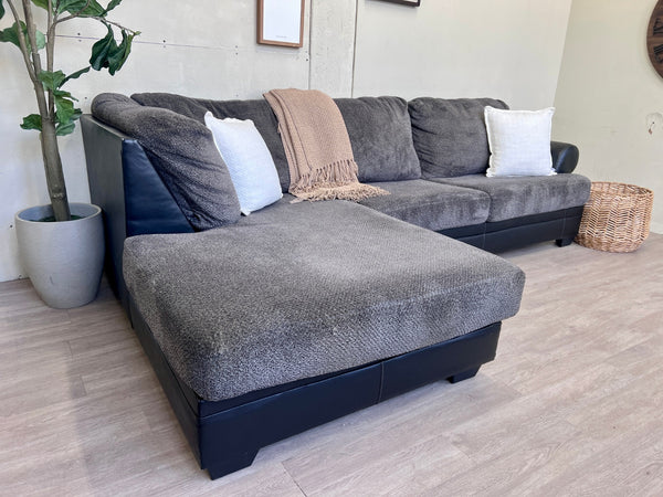 Gray w/ Black Leather Modern L Sectional Couch with Chaise