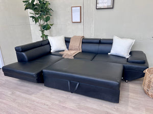 Black Leather Sleeper L Sectional Couch with Chaise