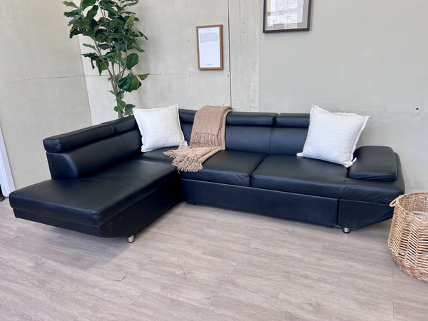 Black Leather Sleeper L Sectional Couch with Chaise