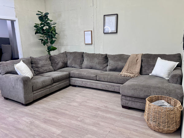 Bernie & Phyl’s “Luxe” Modern Brownish Deep-Seated Gray U Sectional Couch with Chaise