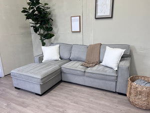 Bob’s Furniture “Playscape” Light Gray Modern Sleeper Sectional Couch with Storage Chaise