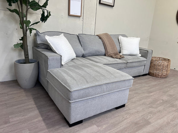Bob’s Furniture “Playscape” Light Gray Modern Sleeper Sectional Couch with Storage Chaise