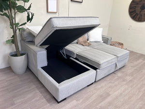 Bob’s Furniture “Playscape” Light Gray Modern Sleeper Sectional Couch with Storage Chaise