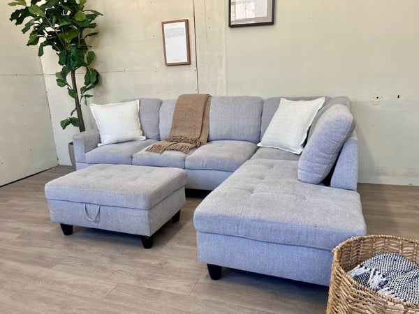 Light Gray Modern L Sectional Couch with Chaise & Ottoman Set