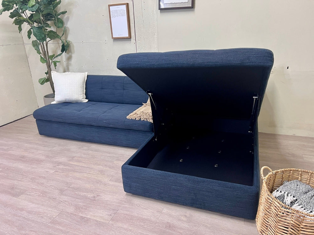 West Elm Blue Modern L Sectional Couch with Reversible Storage Chaise