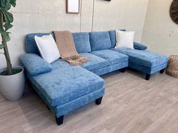 Modern Blue U Sectional Couch with Dual Chaises