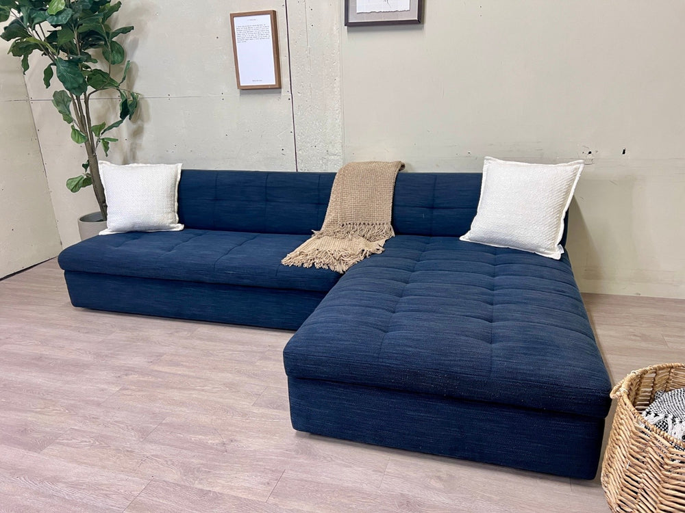 West Elm Blue Modern L Sectional Couch with Reversible Storage Chaise