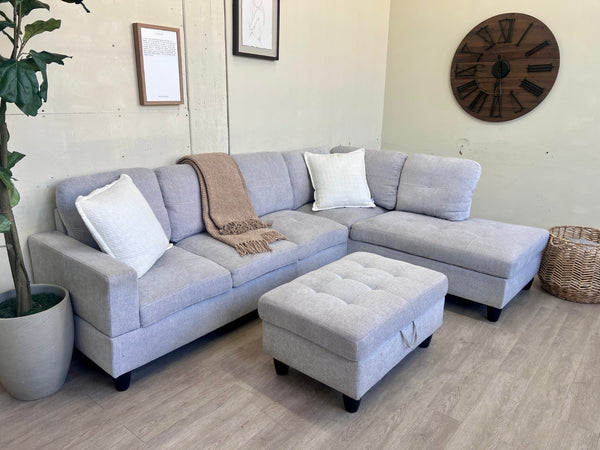 Light Gray Modern L Sectional Couch with Chaise & Ottoman Set