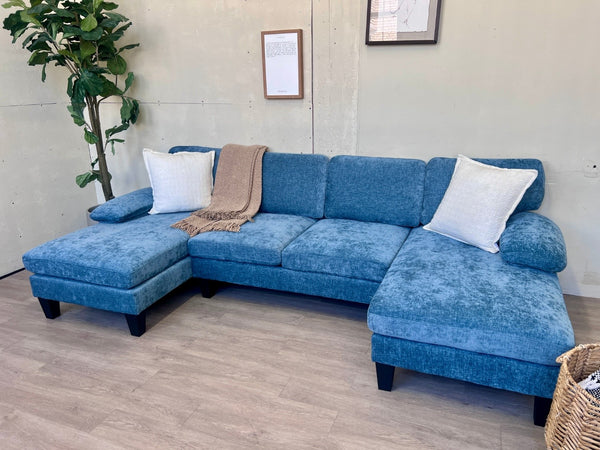 Modern Blue U Sectional Couch with Dual Chaises