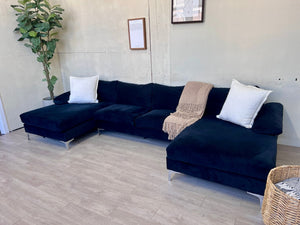 Blue Velvet MCM U Sectional Couch with Chaise