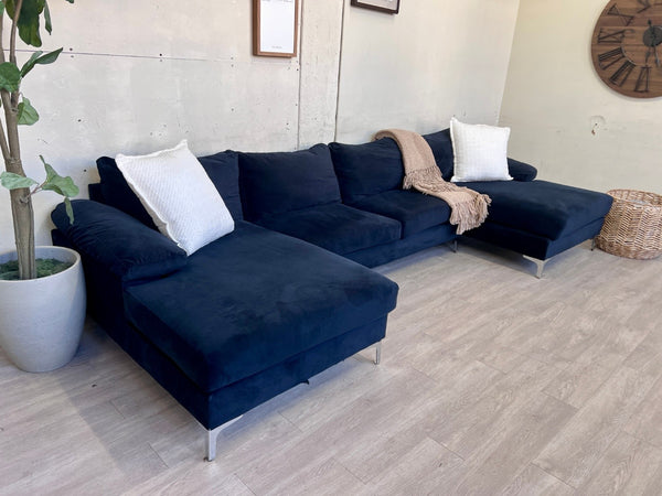 Blue Velvet MCM U Sectional Couch with Chaise