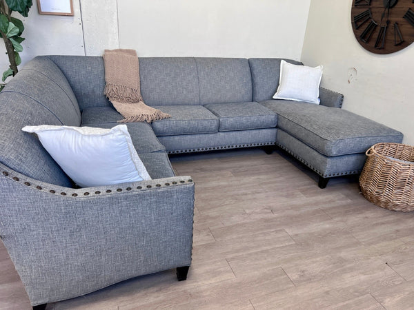 Rowe Furniture Blueish Gray Modern 3pc U Sectional Couch with Chaise