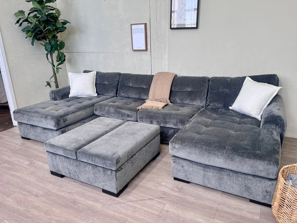 Jonathan Louis “Crosby” 3pc Greenish Gray Microsuede U Sectional Couch w/ Storage Ottoman Set