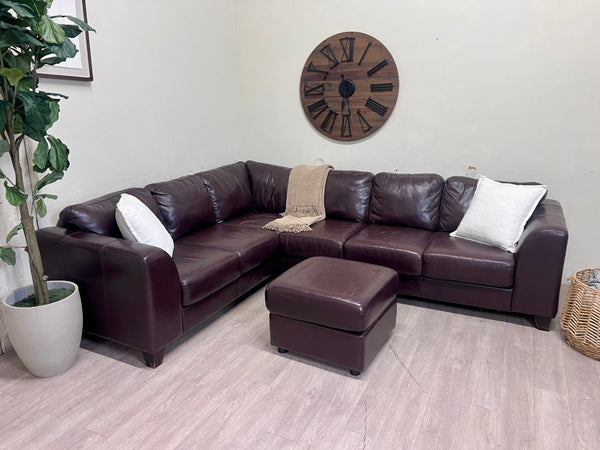 Jordan’s Furniture Real Genuine Leather Brown Modern 2pc L Sectional Couch w/ Ottoman Set
