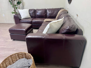 Jordan’s Furniture Real Genuine Leather Brown Modern 2pc L Sectional Couch w/ Ottoman Set