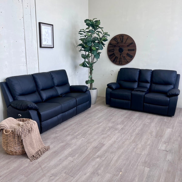 Like New Llanas 2 Piece Pillow Top Arm Genuine Leather Recliner Loveseat + Sofa, Cup Holders