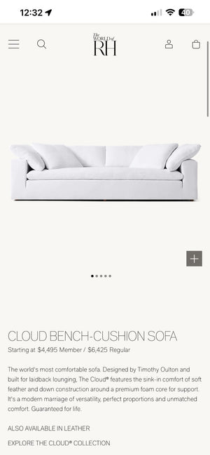 Restoration Hardware "Cloud Bench-Cushion" Eggshell Deep-Seated Love Seat Sofa Couch