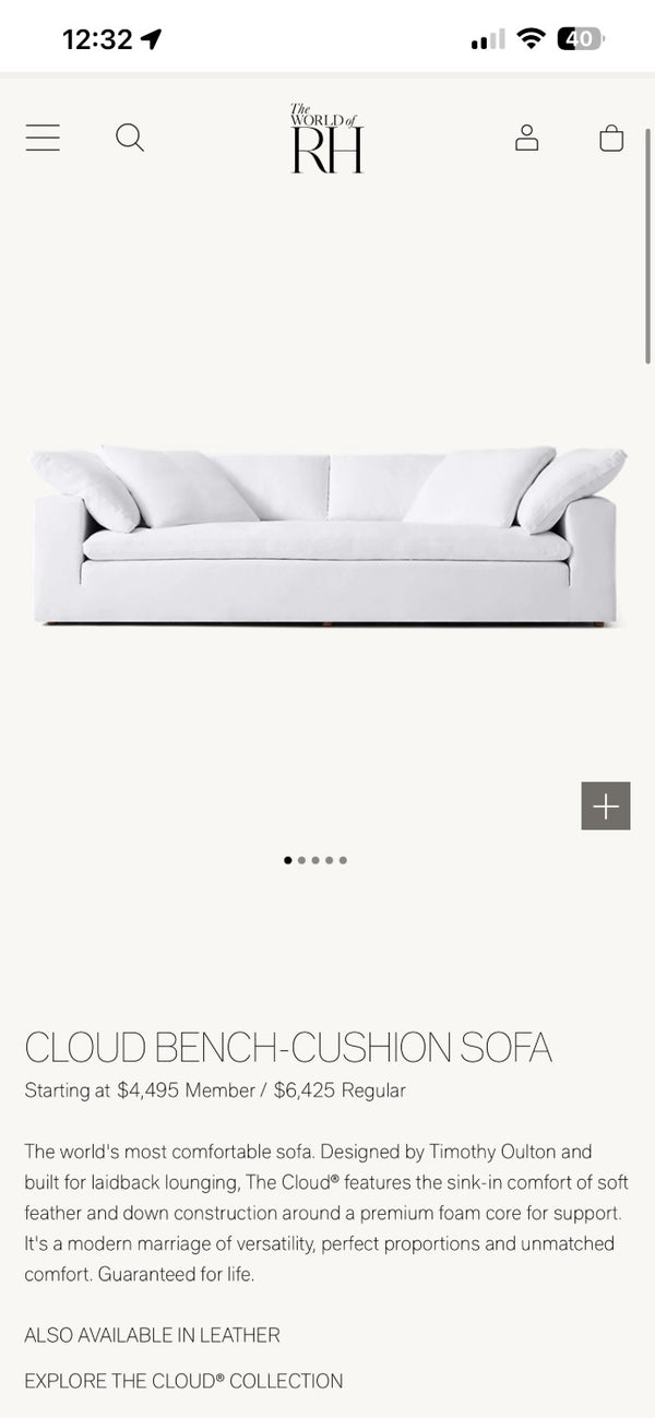 Restoration Hardware "Cloud Bench-Cushion" Eggshell Deep-Seated Love Seat Sofa Couch