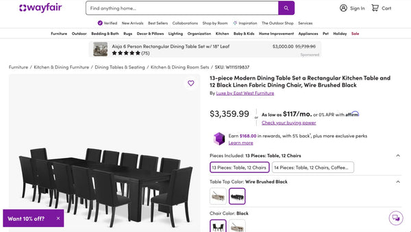 13-piece Modern Dining Table Set a Rectangular Kitchen Table and 12 Black Linen Fabric Dining Chair, Wire Brushed Black