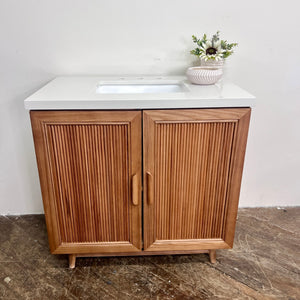 Light Coffee Solid Wood Freestanding Single Sink Vanity with White Engineered Top