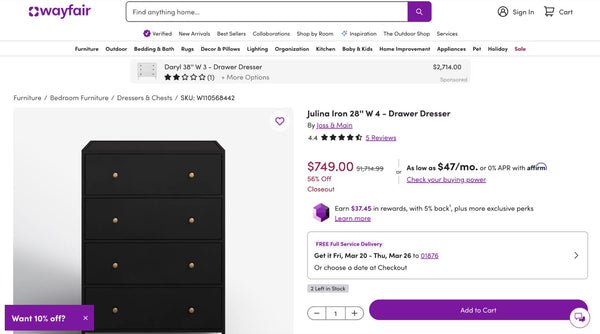 "Julina" Iron 28'' W 4 - Drawer Dresser