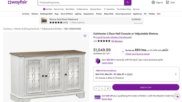 "Colchester" 3 Door Hall Console w/ Adjustable Shelves