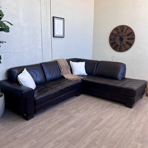 Dark Brown Genuine Leather Tufted 2pc L Sectional Couch with Chaise