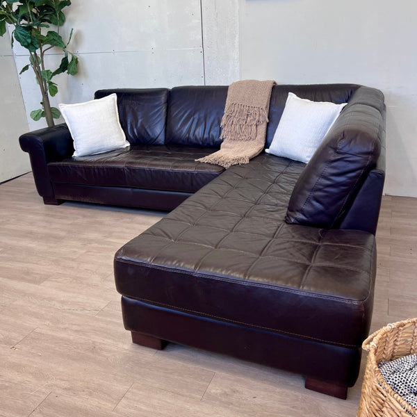 Dark Brown Genuine Leather Tufted 2pc L Sectional Couch with Chaise