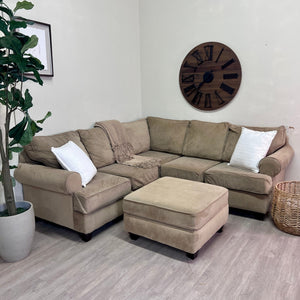 Golden Brown Microsuede Modern 2pc L Sectional Couch with Ottoman Set
