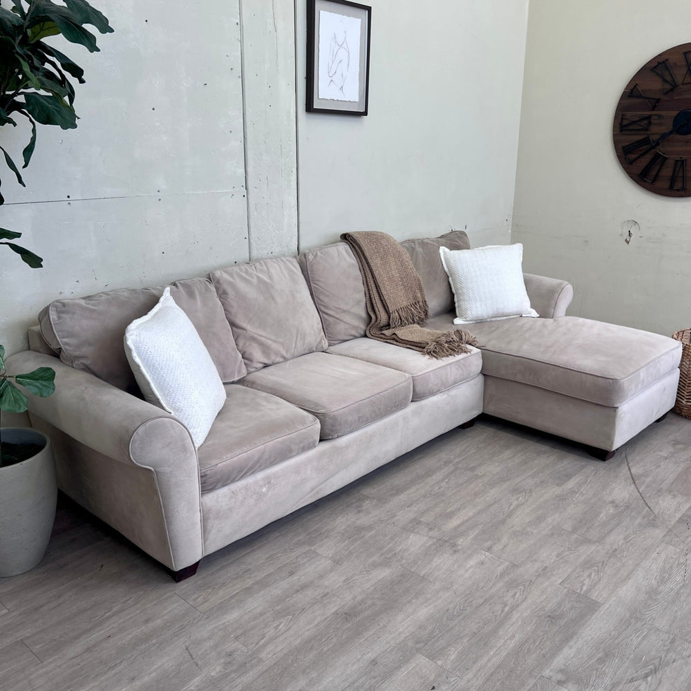 Jordan’s Furniture Beige Microfiber L Sectional Couch with Chaise