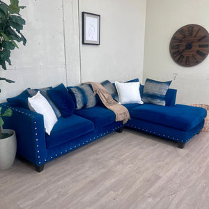 Blue Studded Modern Suede 2pc L Sectional Couch with Chaise