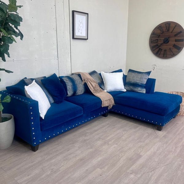 Blue Studded Modern Suede 2pc L Sectional Couch with Chaise