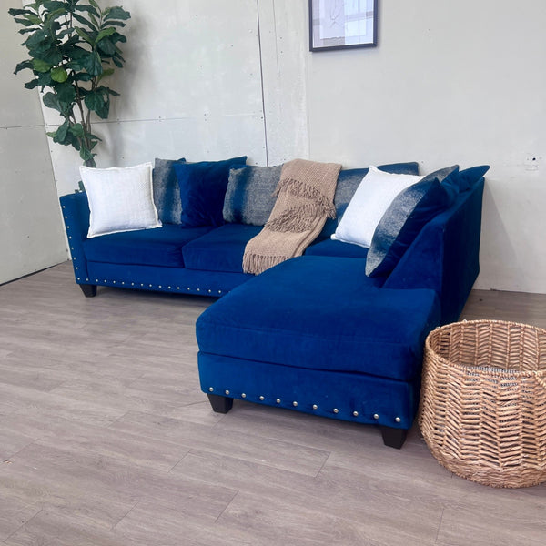 Blue Studded Modern Suede 2pc L Sectional Couch with Chaise